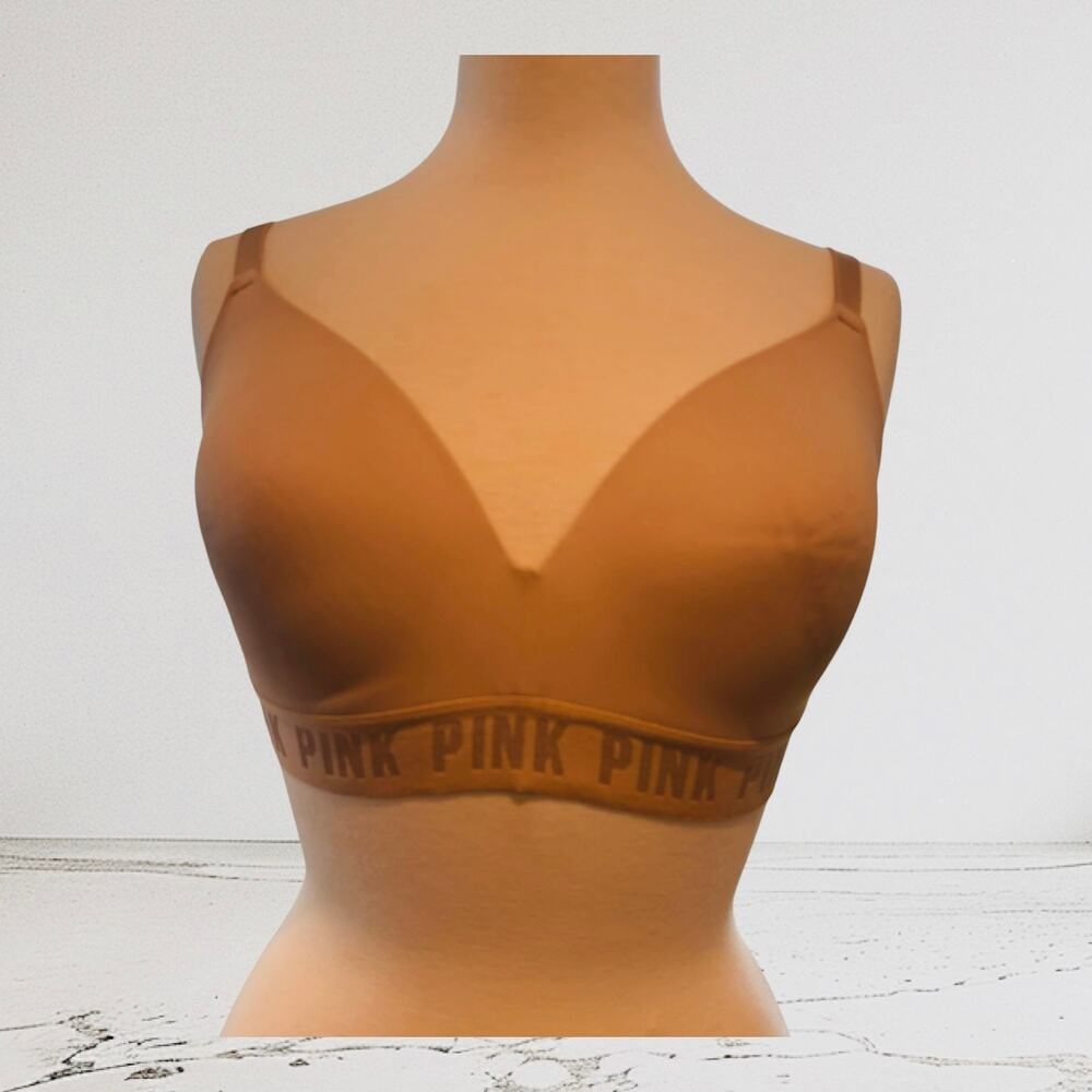 Victoria’s Secret PINK Wireless T-Shirt Bra Nude Beige Logo Band Padded Size 36D